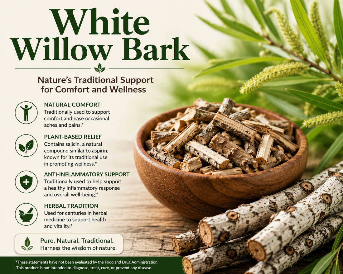 White Willow Bark capsules and dried willow bark pieces supporting comfort, joint wellness, antioxidant protection, and overall well-being.
