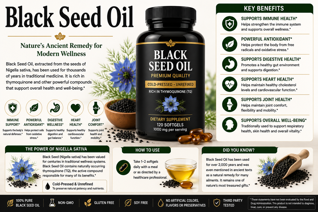 Black Seed Oil softgels and Nigella sativa seeds supporting immune wellness, antioxidant protection, heart health, digestive wellness, and healthy aging.