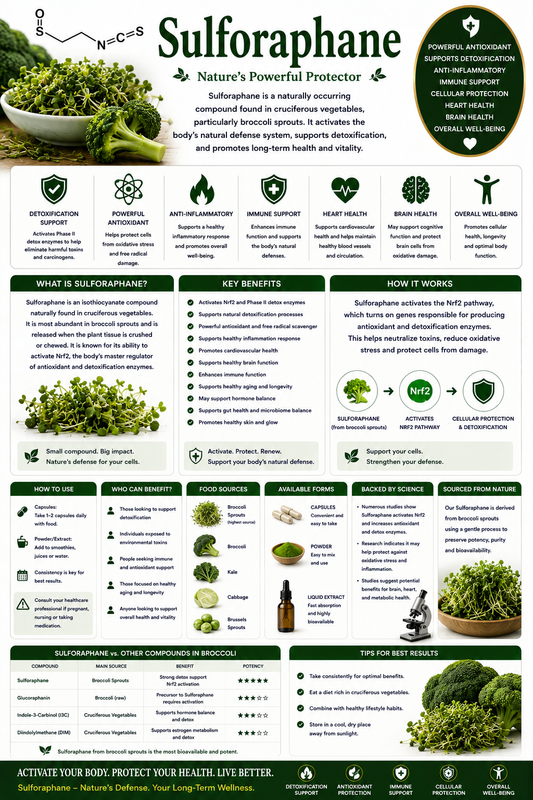 Sulforaphane supplement capsules and broccoli sprouts supporting antioxidant protection, cellular health, and healthy aging.
