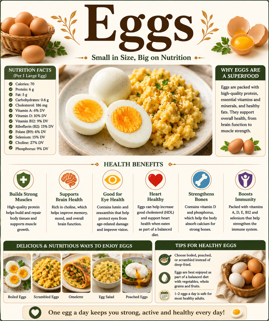 Fresh whole eggs, boiled eggs, and scrambled eggs served with spinach, tomatoes, avocado, and whole-grain toast, highlighting their protein, choline, vitamins, healthy fats, and wellness benefits.