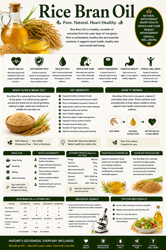 Rice Bran Oil capsules and golden rice bran oil supporting heart health, cholesterol wellness, skin health, and antioxidant protection.