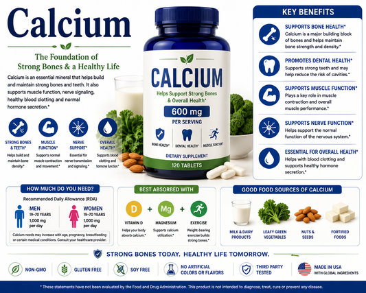 Calcium supplement tablets with dairy products, leafy greens, and healthy bones supporting bone strength, teeth health, and overall wellness.
