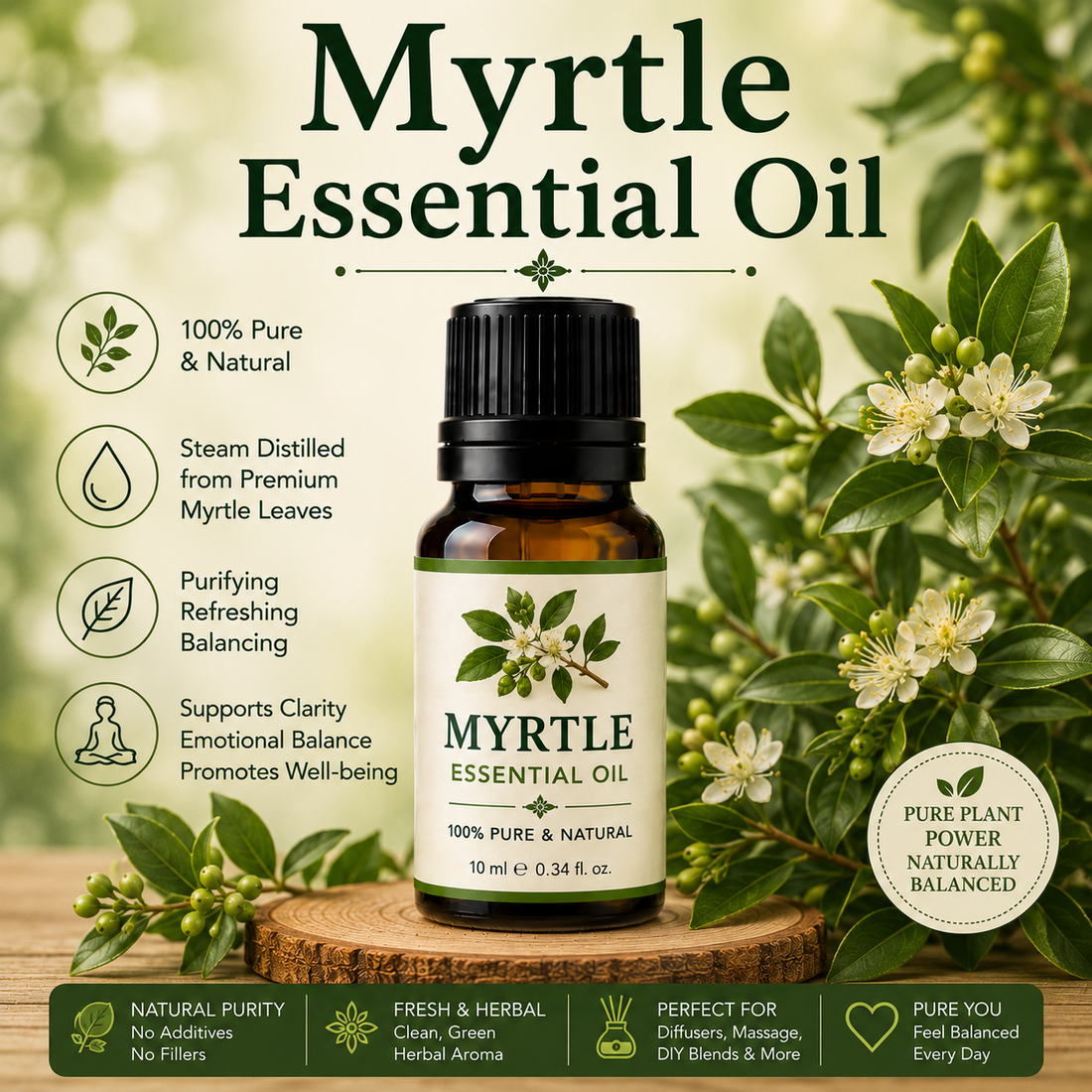 Myrtle essential oil bottle with fresh myrtle leaves and berries showcasing its clean herbaceous aroma, natural aromatic compounds, aromatherapy applications, and wellness-supporting benefits.