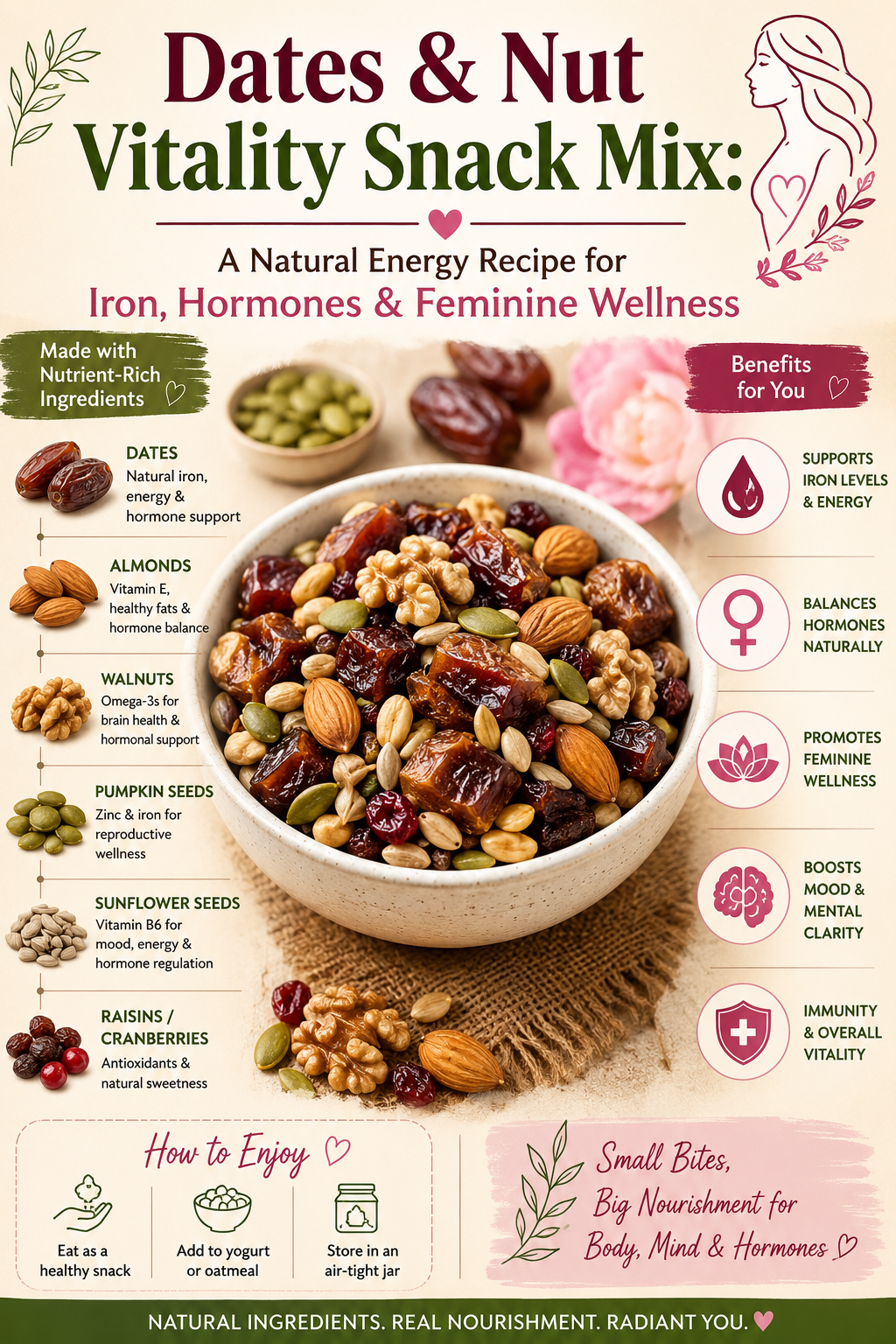 Medjool dates with almonds, walnuts, and pumpkin seeds arranged on a wooden board as a natural midday energy snack for women