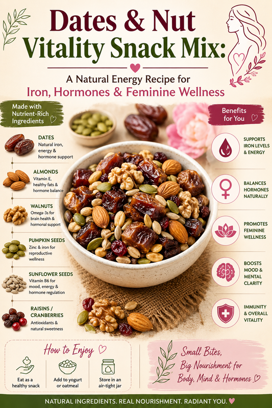Medjool dates with almonds, walnuts, and pumpkin seeds arranged on a wooden board as a natural midday energy snack for women