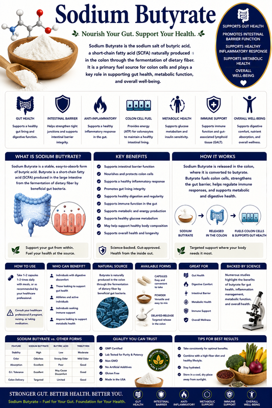 Sodium Butyrate supplement capsules with digestive wellness and gut microbiome support imagery.