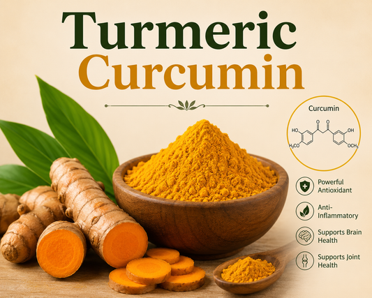 Turmeric Curcumin supplement capsules and turmeric root supporting joint health, antioxidant protection, healthy aging, and overall wellness.