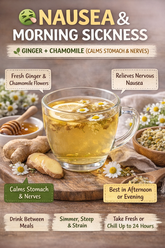 NAUSEA & MORNING SICKNESS( GINGER + CHAMOMILE (CALMS STOMACH & NERVES))