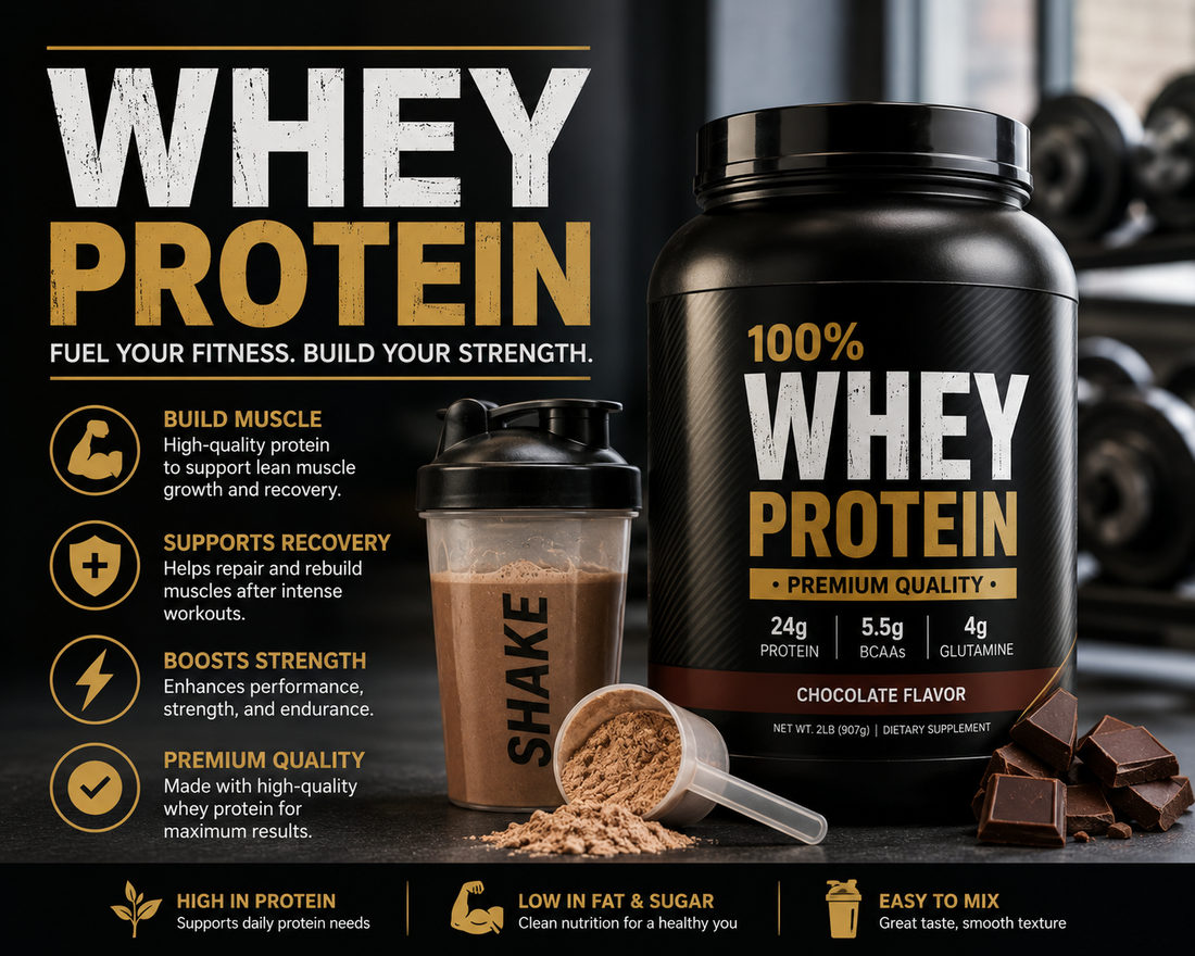 Whey Protein powder and shake with dairy ingredients supporting muscle growth, recovery, healthy aging, and overall nutrition.