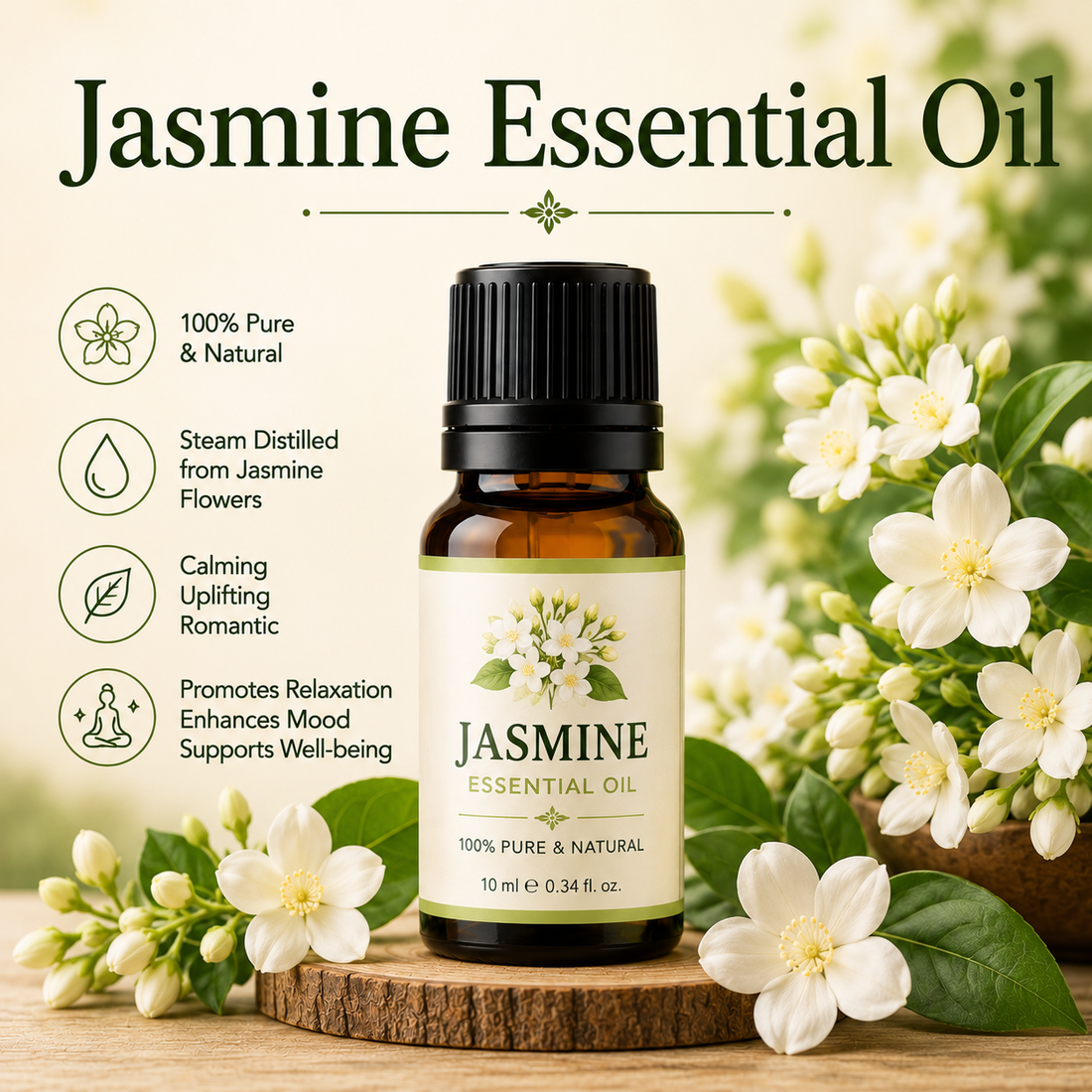 Jasmine essential oil bottle with blooming jasmine flowers showcasing its rich floral aroma, natural aromatic compounds, aromatherapy applications, and wellness-supporting benefits.