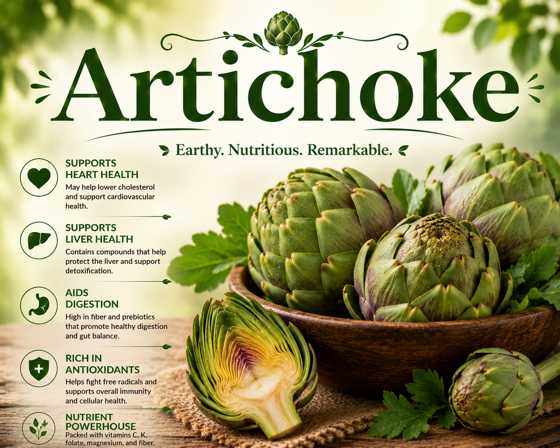 Fresh green artichokes with cut artichoke hearts highlighting their fiber, antioxidants, prebiotic compounds, and overall wellness benefits.