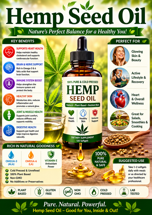 Hemp Seed Oil capsules and hemp seeds supporting heart health, skin wellness, essential fatty acids, and healthy aging.