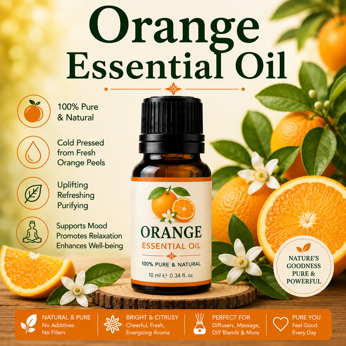 Orange essential oil bottle with fresh sweet oranges and orange peels showcasing its bright citrus aroma, natural aromatic compounds, aromatherapy applications, and wellness-supporting benefits.