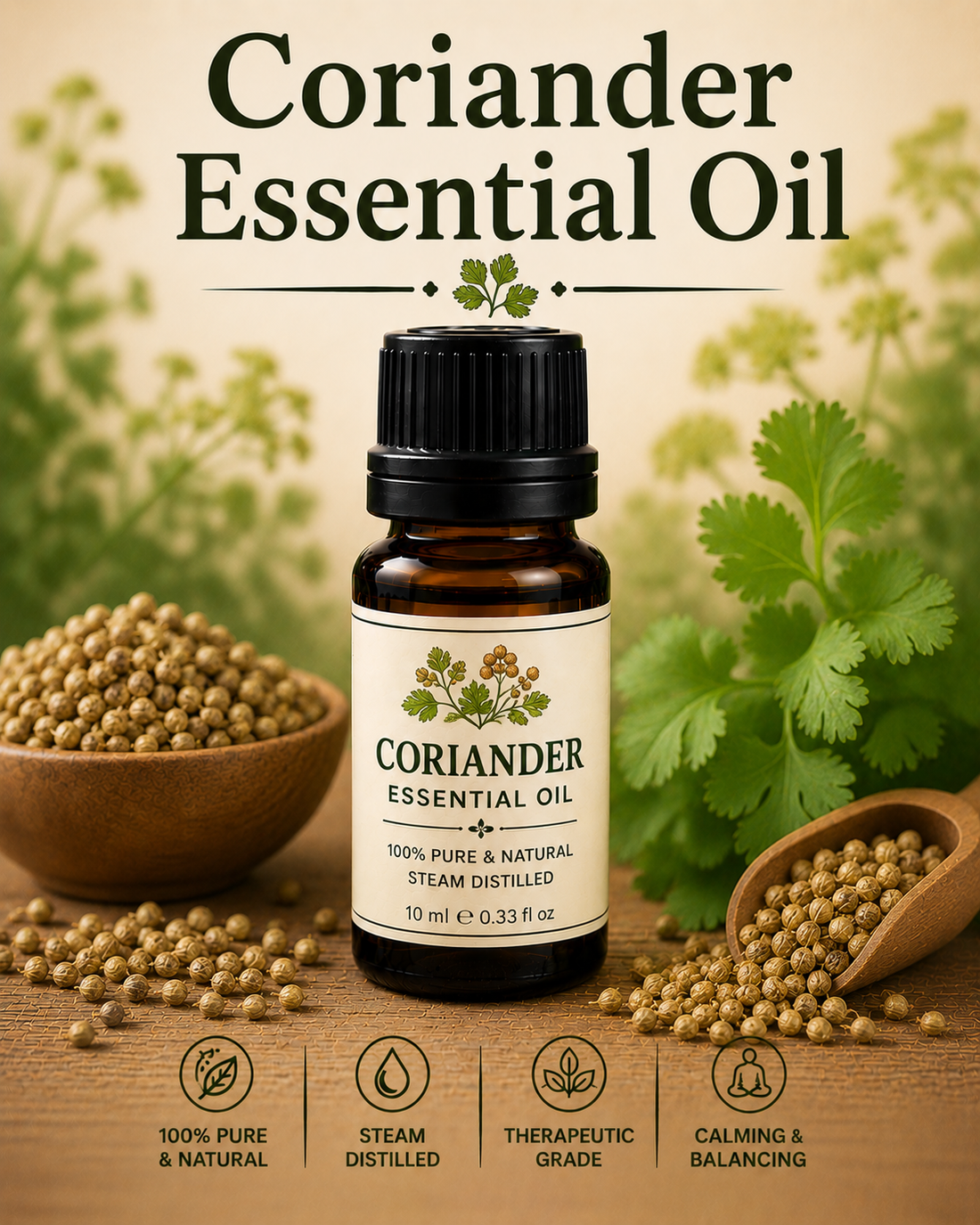 Coriander essential oil bottle with coriander seeds and leaves showcasing its sweet herbaceous aroma, natural aromatic compounds, aromatherapy applications, and wellness-supporting benefits