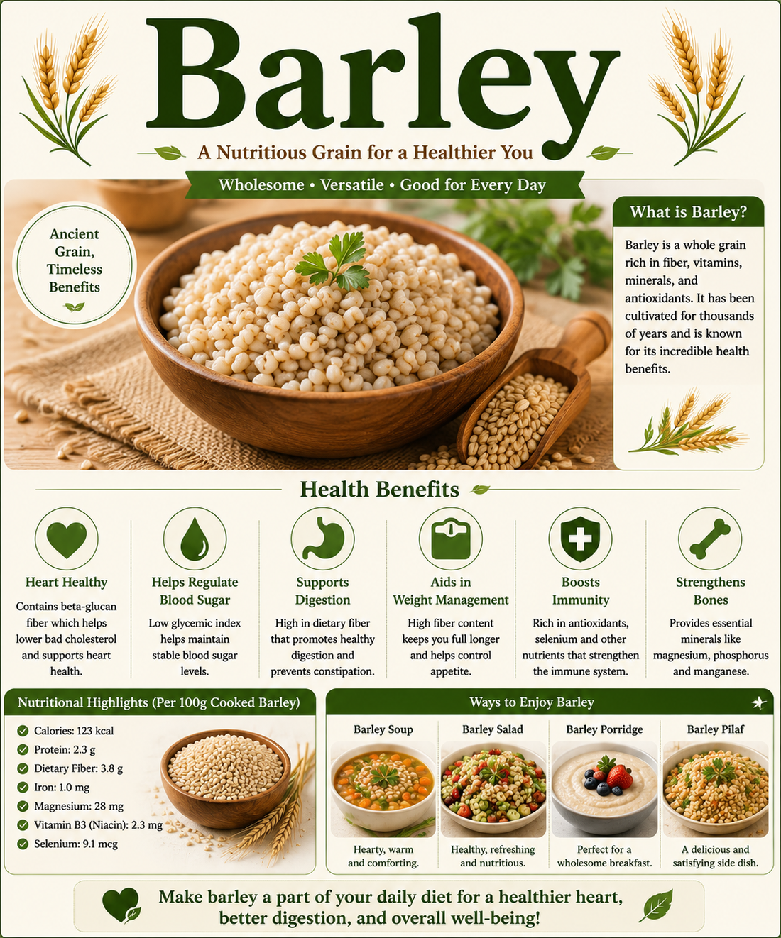 Whole barley grains and cooked barley served in bowls with vegetables and herbs, highlighting their fiber, beta-glucan, vitamins, minerals, and overall wellness benefits.