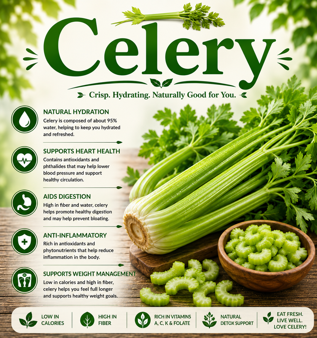 Fresh green celery stalks showcasing their hydration benefits, fiber, vitamins, antioxidants, and wellness-supporting nutritional properties.