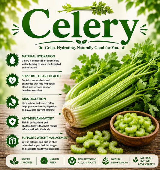 Fresh green celery stalks showcasing their hydration benefits, fiber, vitamins, antioxidants, and wellness-supporting nutritional properties.
