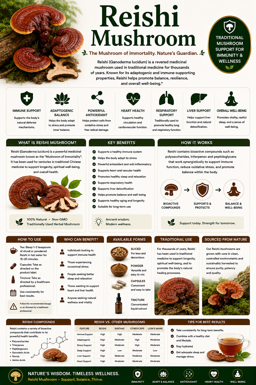 Reishi Mushroom capsules, powder, and dried Ganoderma lucidum mushrooms supporting immune health, stress management, sleep quality, and healthy aging.
