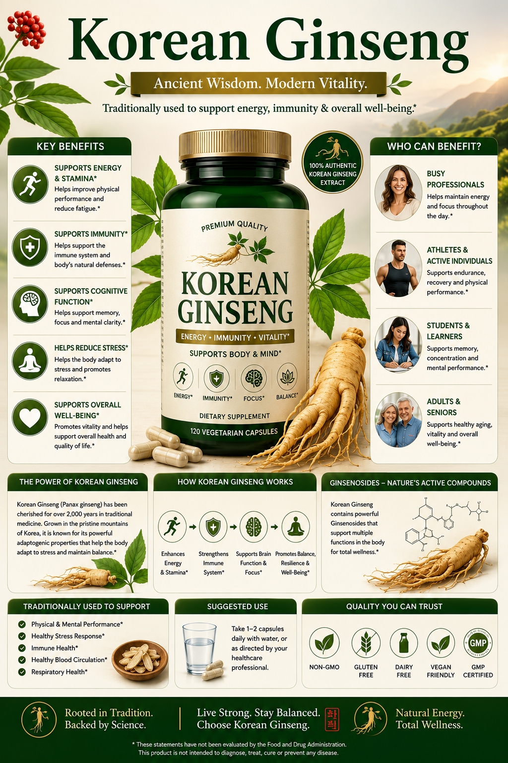 Korean Ginseng root and Korean Ginseng supplement capsules supporting energy, vitality, immune health, cognitive wellness, and healthy aging.