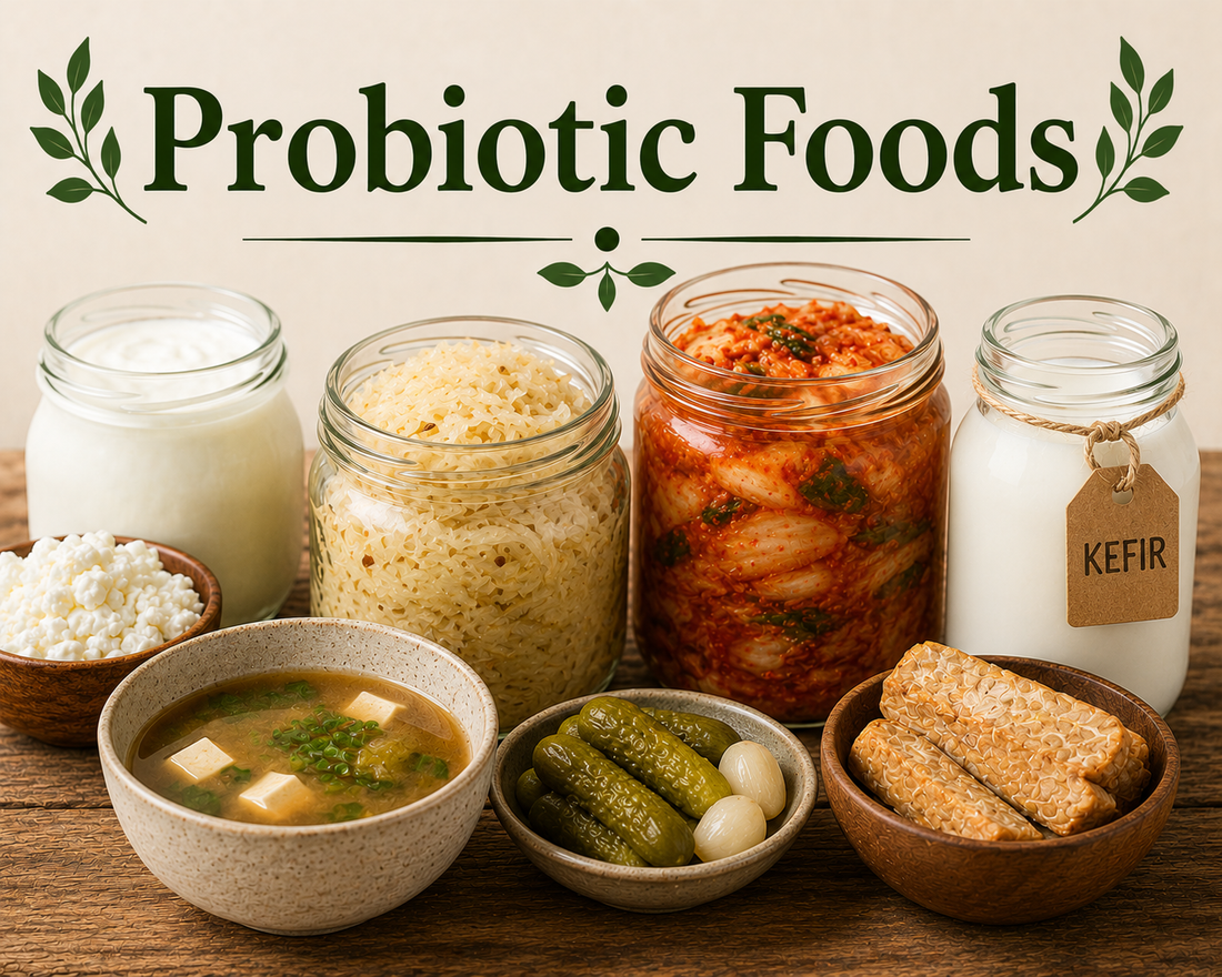 Assortment of probiotic foods including yogurt, kefir, kombucha, and fermented vegetables showcasing beneficial microorganisms and wellness-supporting nutritional benefits.