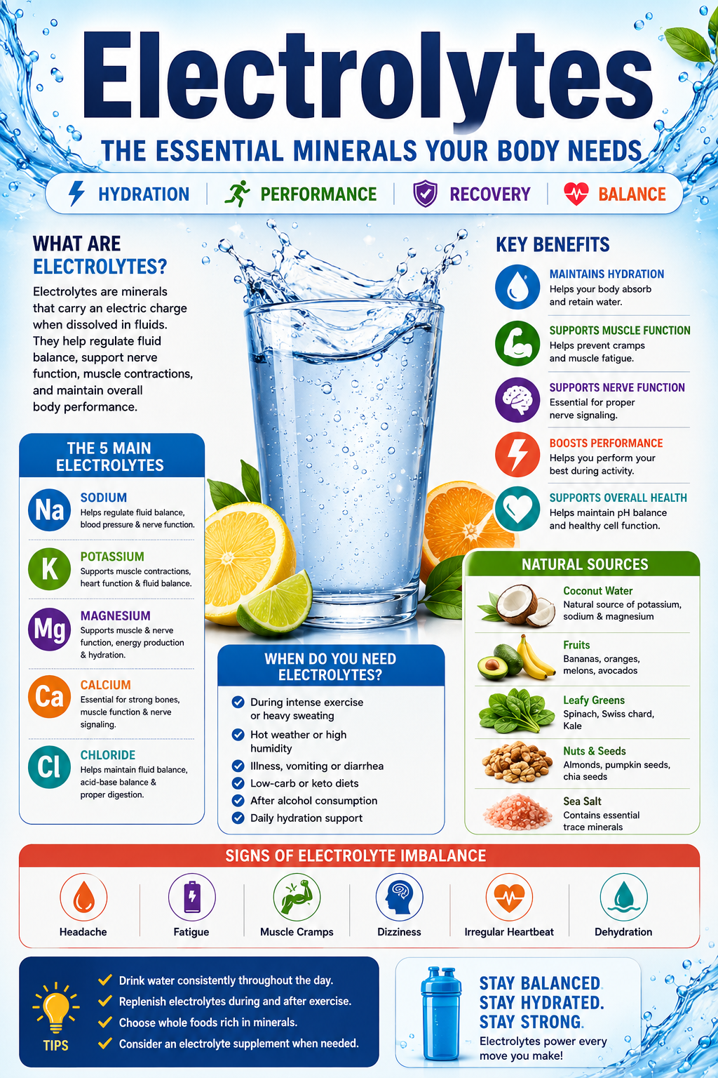 Electrolyte drink with minerals, water, and fruits supporting hydration, muscle function, exercise recovery, and overall wellness.