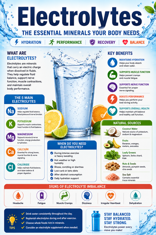 Electrolyte drink with minerals, water, and fruits supporting hydration, muscle function, exercise recovery, and overall wellness.