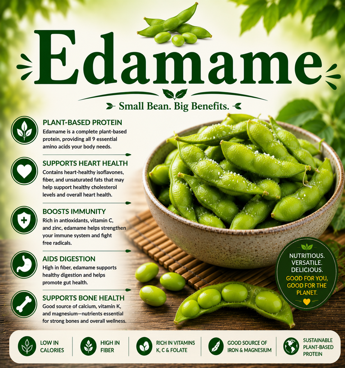 Fresh green edamame pods showcasing their complete plant protein, fiber, vitamins, minerals, and wellness-supporting nutritional benefits.