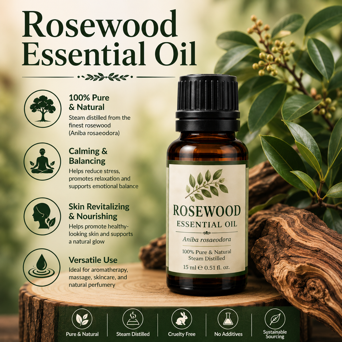 Rosewood essential oil bottle