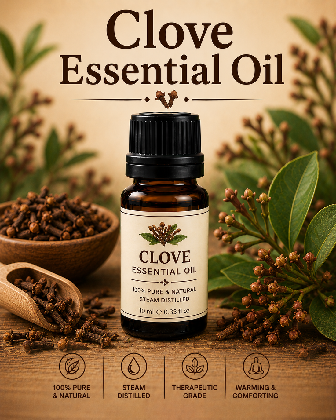 Clove essential oil bottle with dried clove buds showcasing its warm spicy aroma, natural aromatic compounds, aromatherapy applications, and wellness-supporting benefits.