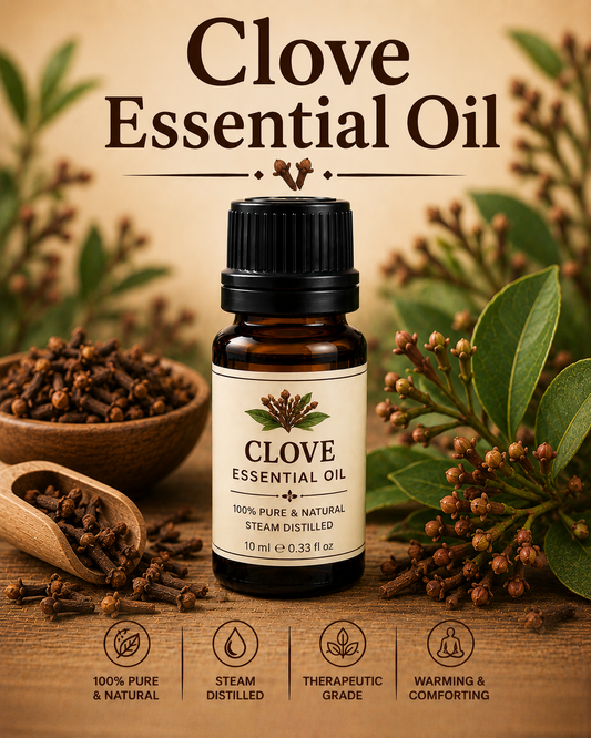 Clove essential oil bottle with dried clove buds showcasing its warm spicy aroma, natural aromatic compounds, aromatherapy applications, and wellness-supporting benefits.