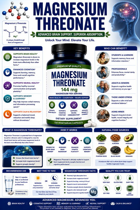 Magnesium Threonate supplement capsules supporting brain health, memory, cognitive wellness, focus, and healthy aging.