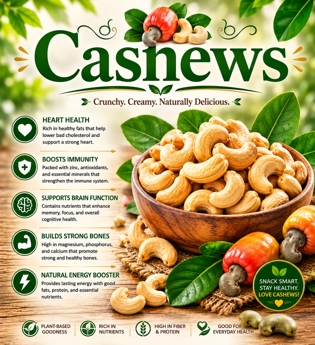 Raw and roasted cashews showcasing their healthy fats, plant protein, magnesium, antioxidants, and wellness-supporting nutritional benefits