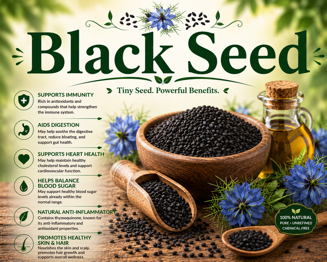 Black seeds in a wooden bowl highlighting their healthy fats, antioxidants, traditional wellness uses, and nutrient-rich nutritional profile.