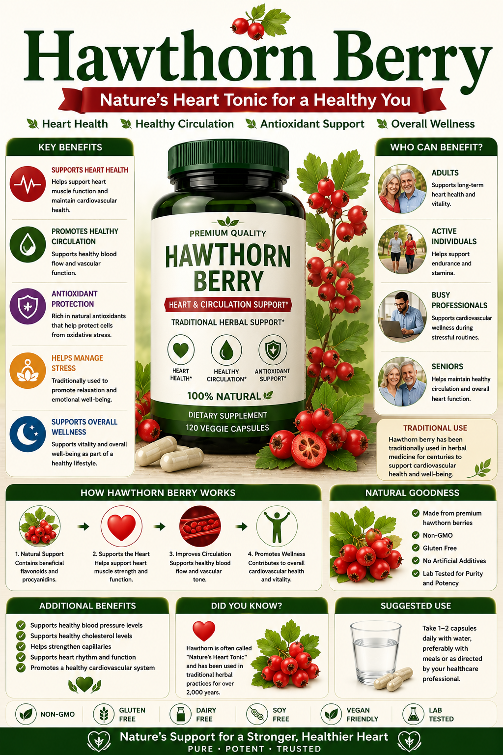 Hawthorn Berry supplement capsules and fresh hawthorn berries supporting heart health, circulation, antioxidant protection, and healthy aging.