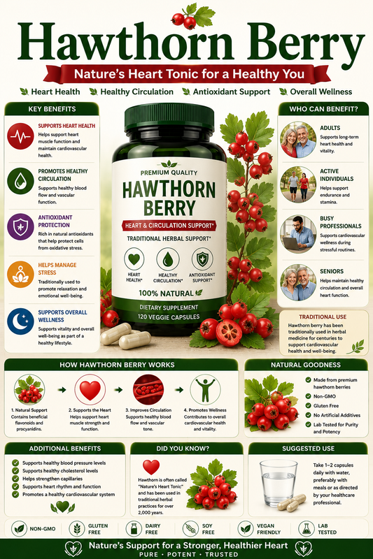 Hawthorn Berry supplement capsules and fresh hawthorn berries supporting heart health, circulation, antioxidant protection, and healthy aging.