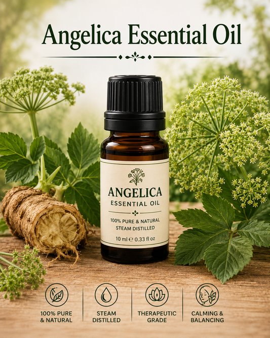 Angelica essential oil bottle with angelica roots and leaves showcasing its earthy aroma, aromatic compounds, aromatherapy applications, and wellness-supporting benefits.