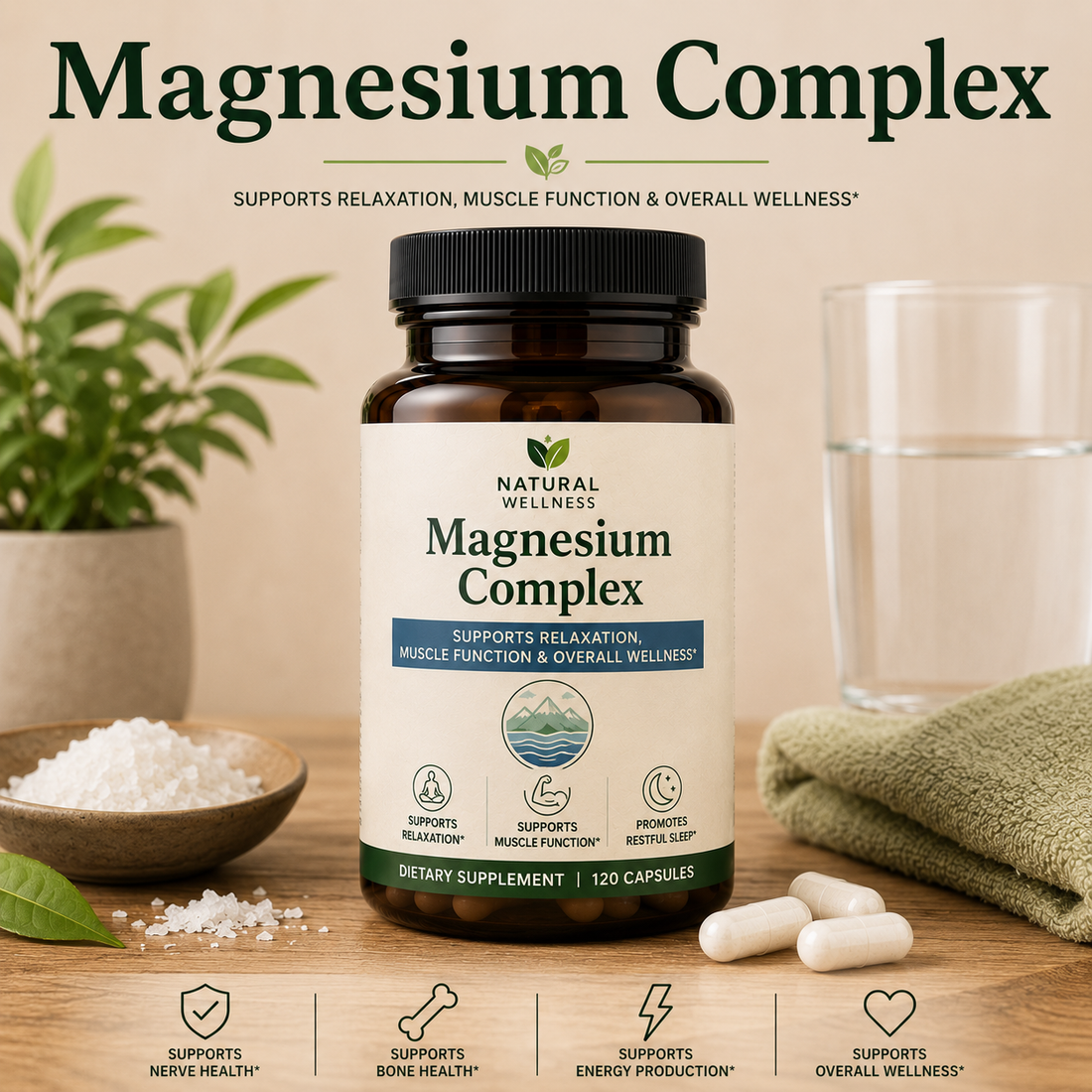 Multi-magnesium capsules featuring magnesium glycinate, citrate, malate, and other forms highlighting muscle support, nerve health, energy production, and overall wellness.