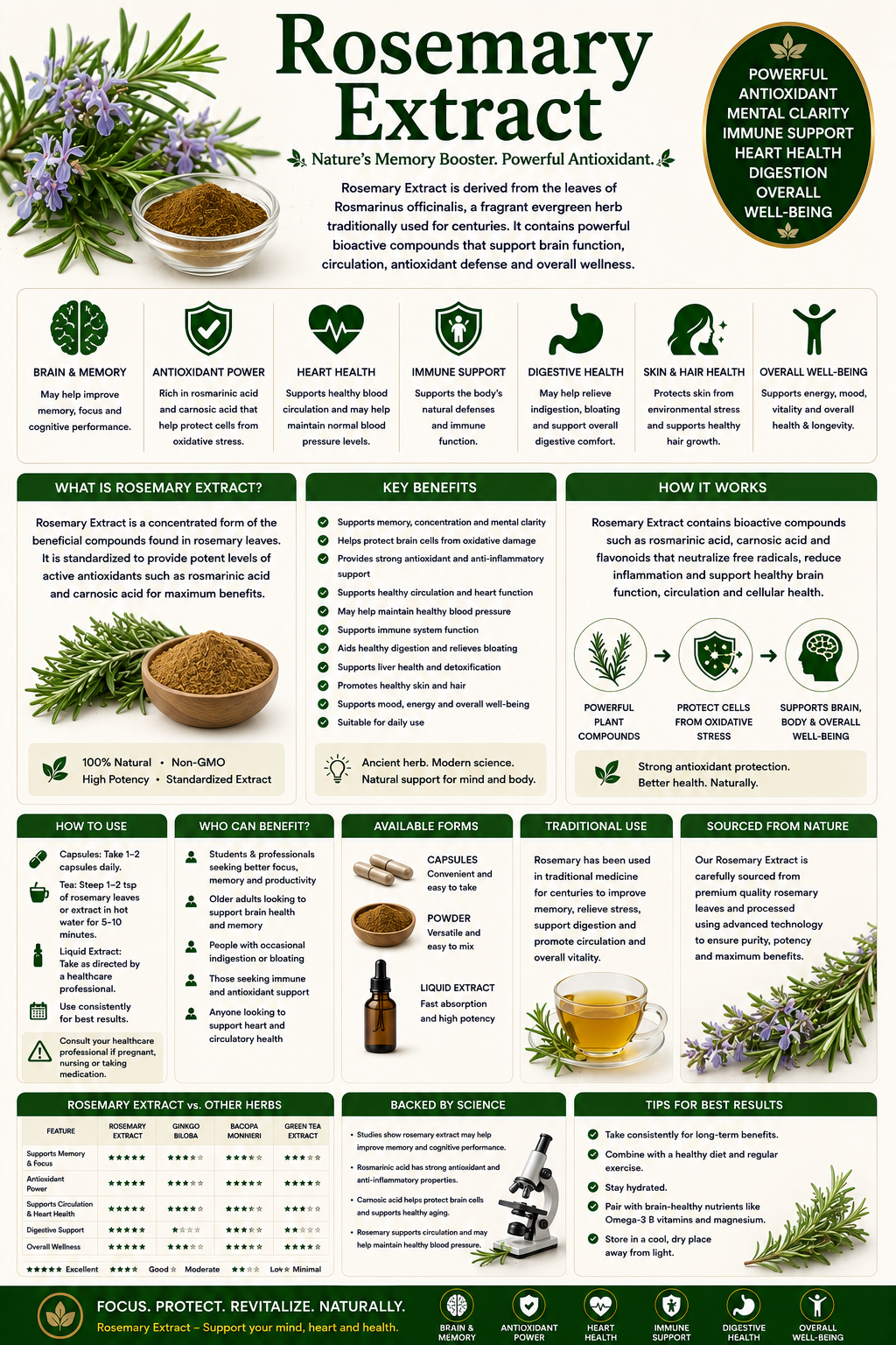 Rosemary Extract capsules and fresh rosemary leaves supporting memory, cognitive health, antioxidant protection, and healthy aging.