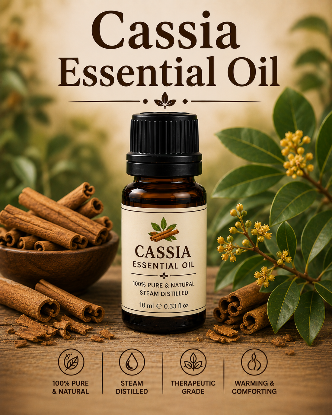 Cassia essential oil bottle with cassia bark showcasing its warm spicy aroma, natural aromatic compounds, aromatherapy applications, and wellness-supporting benefits.
