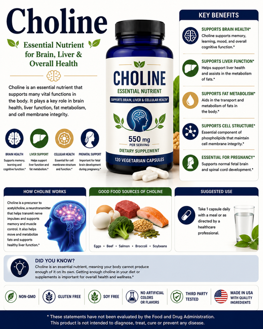 Choline supplement capsules with eggs, fish, and healthy brain imagery supporting memory, cognitive function, liver health, and nervous system wellness.