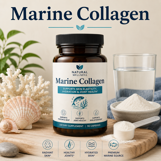Marine collagen powder and capsules with fish-derived collagen peptides highlighting skin wellness, hair support, nail health, and healthy aging benefits.