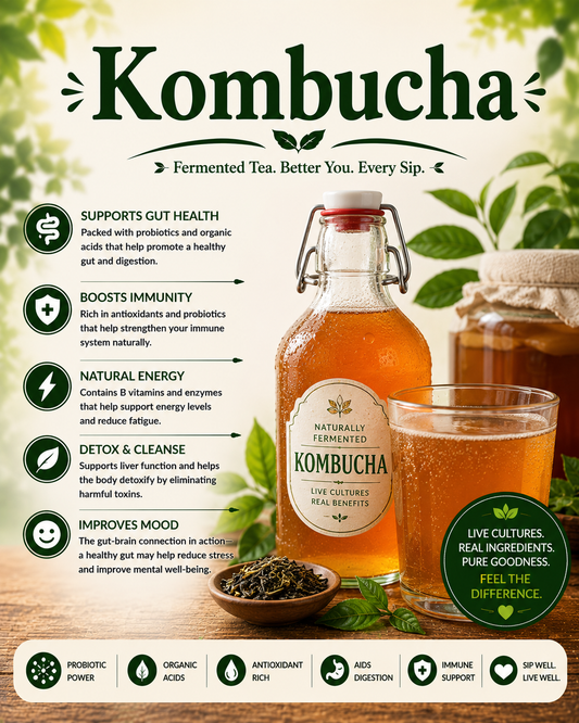 Glass of kombucha tea showcasing its probiotics, antioxidants, fermented wellness benefits, and gut-friendly nutritional properties.