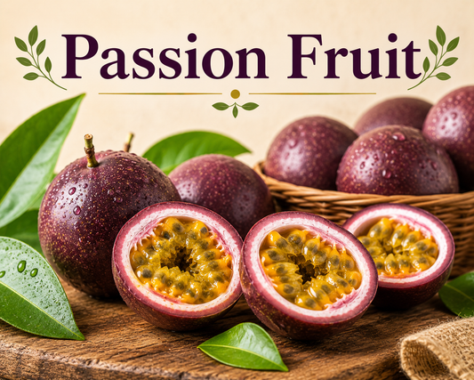 Fresh passion fruit showcasing its vitamin C, fiber, antioxidants, tropical flavor, and wellness-supporting nutritional benefits.