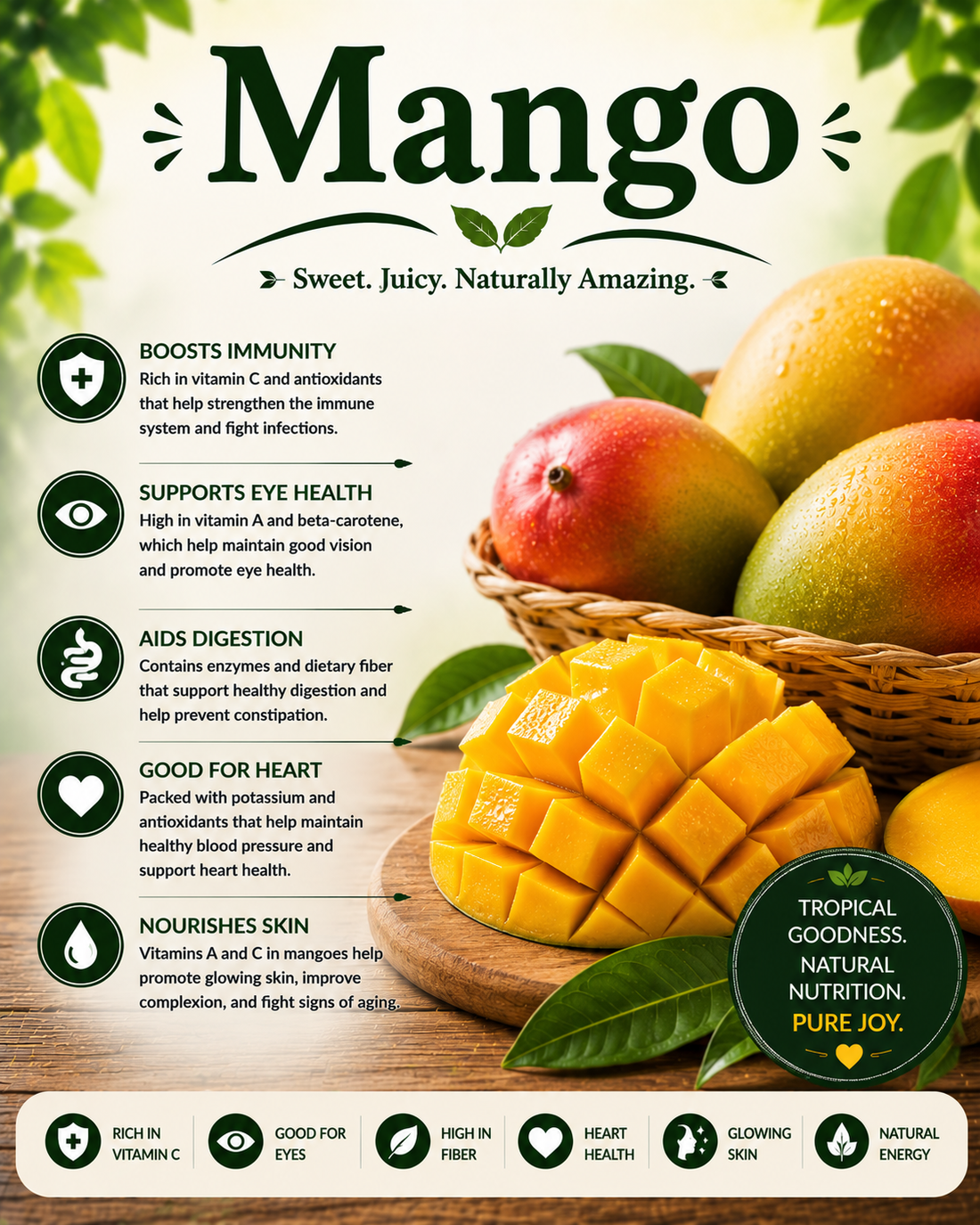 Fresh ripe mango showcasing its vitamin C, vitamin A, antioxidants, tropical flavor, and wellness-supporting nutritional benefits.