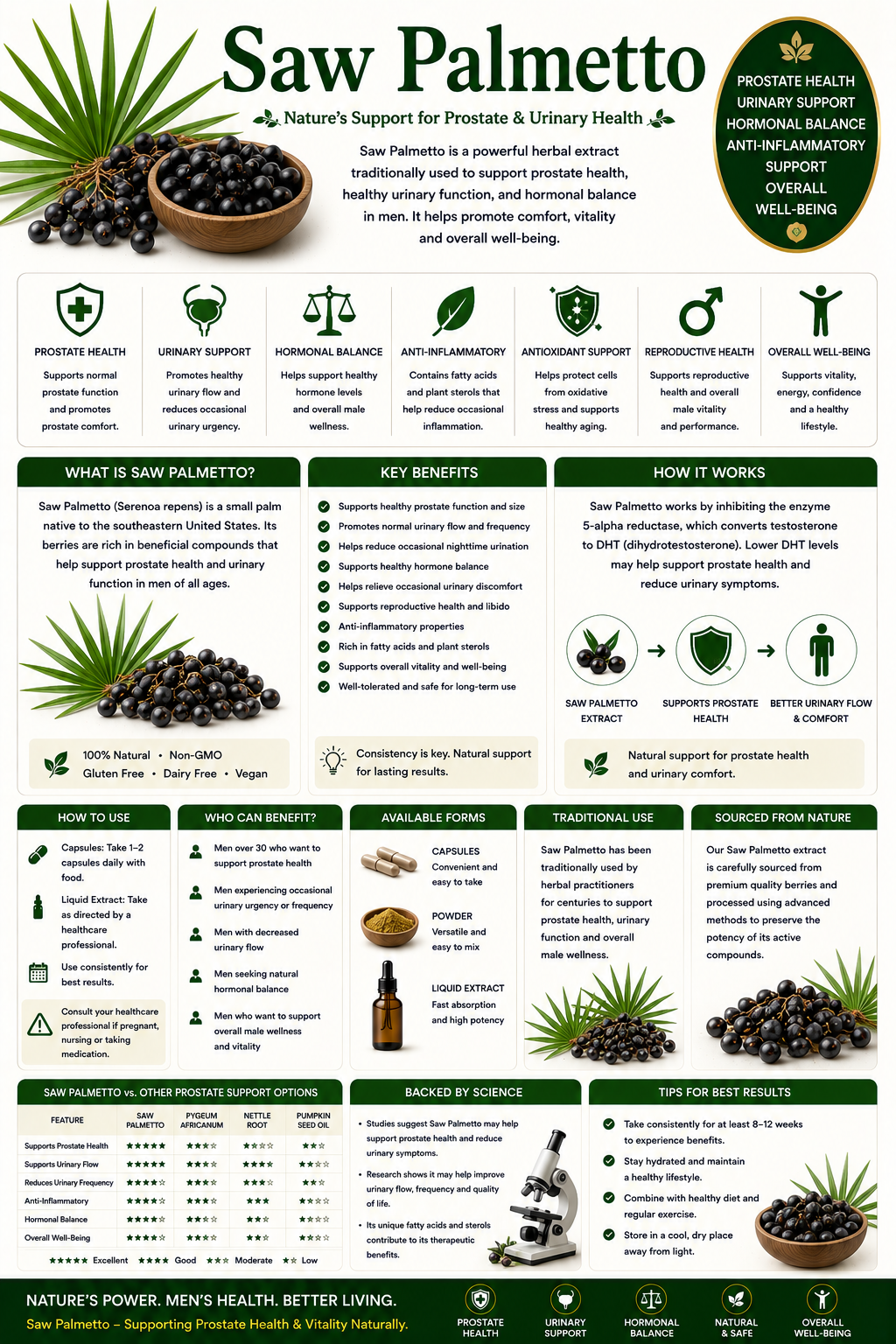 Saw Palmetto berries and supplement capsules supporting prostate health, urinary wellness, hair health, and healthy aging.