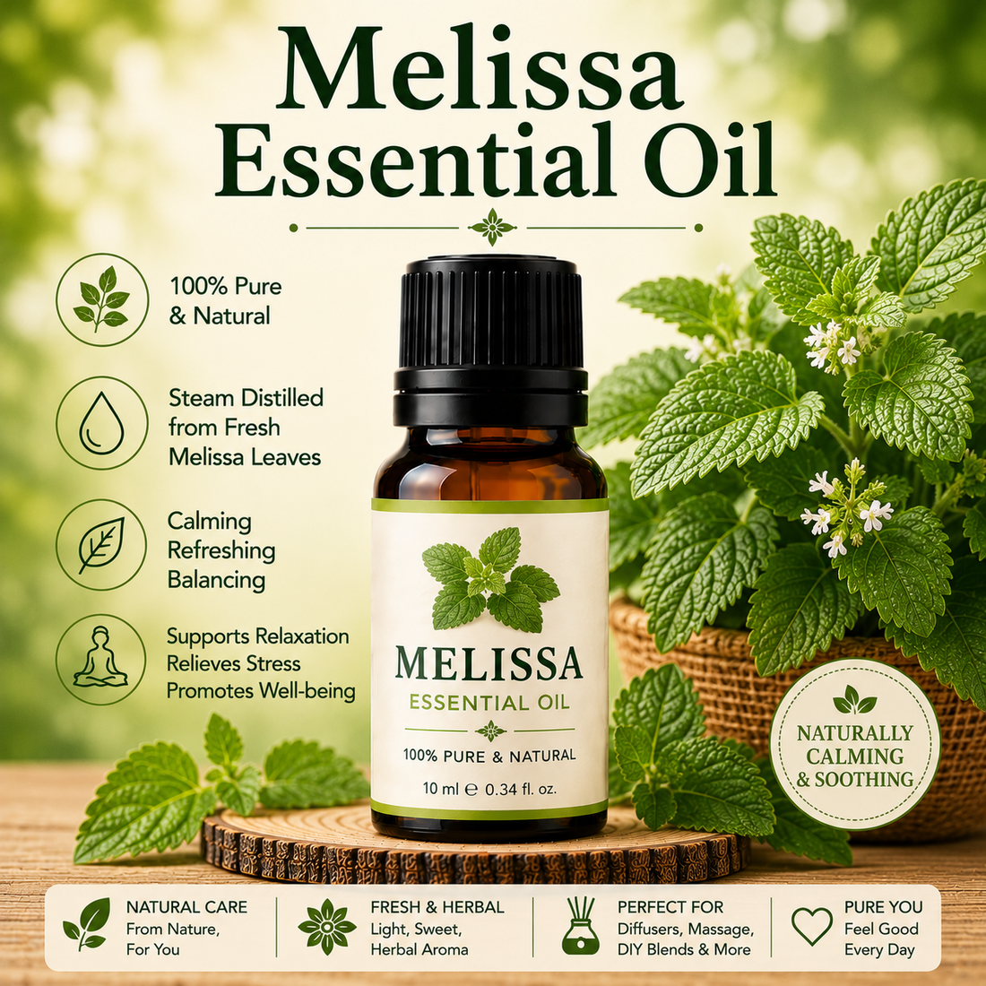 Melissa essential oil bottle with fresh lemon balm leaves showcasing its sweet lemony aroma, natural aromatic compounds, aromatherapy applications, and wellness-supporting benefits.