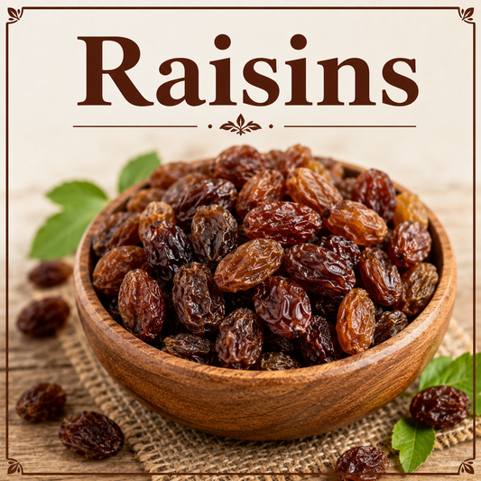 Natural raisins showcasing their fiber, potassium, antioxidants, natural fruit sugars, minerals, and wellness-supporting nutritional benefits.