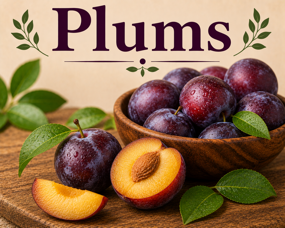 Fresh ripe plums showcasing their antioxidants, fiber, vitamins, natural sweetness, and wellness-supporting nutritional benefits.