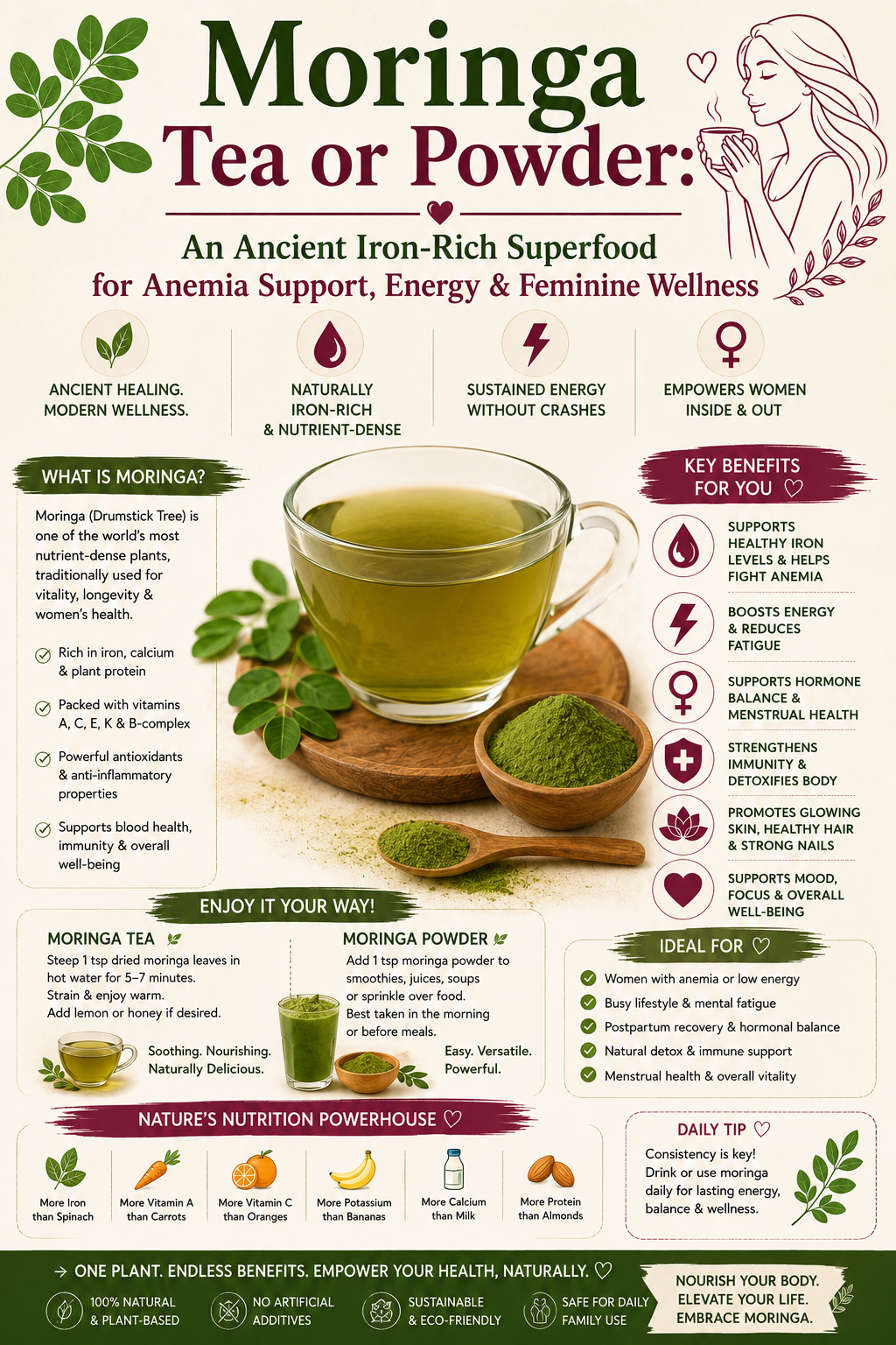 Moringa Tea or Powder: An Ancient Iron-Rich Superfood for Anemia Support, Energy & Feminine Wellness