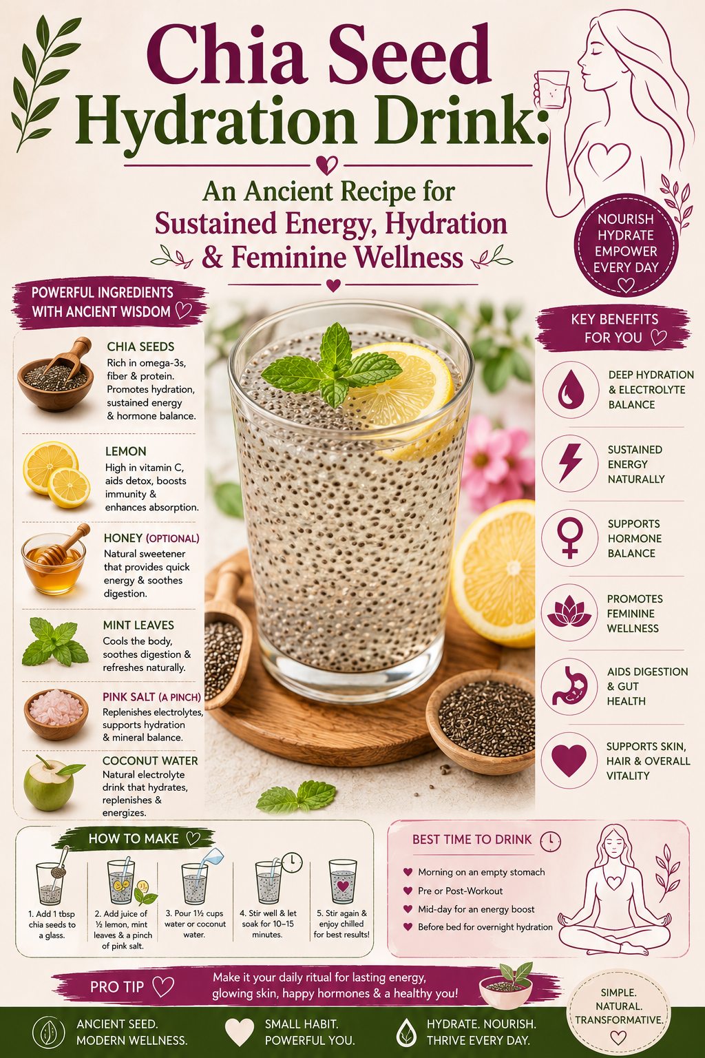 Glass jar of chia seed hydration drink with lemon slices and raw honey for women's natural hydration and sustained energy